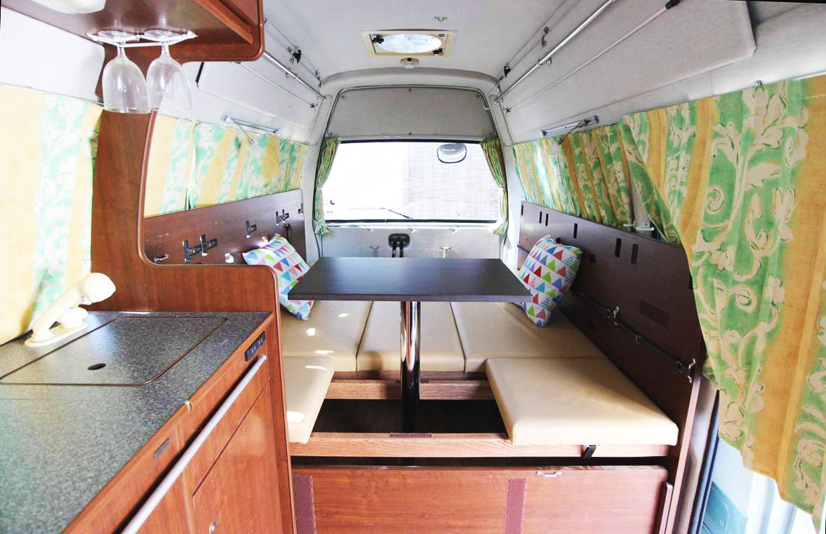 toyota hiace duo campervan inside table and kitchen
