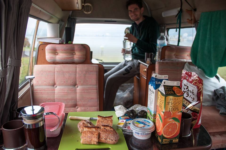 breakfast inside the campervan